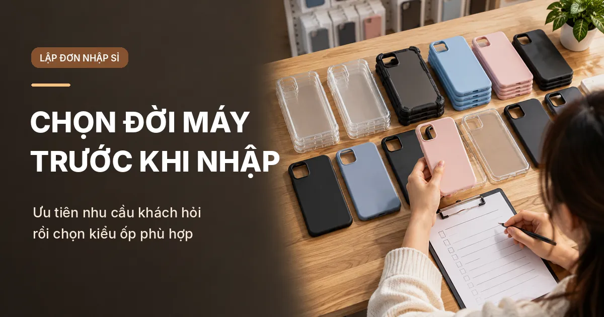 Sỉ ốp lưng điện thoại Hà Nội: Người lên đơn sỉ đang chọn mẫu ốp lưng theo đời máy bên cạnh bảng ghi danh sách hàng