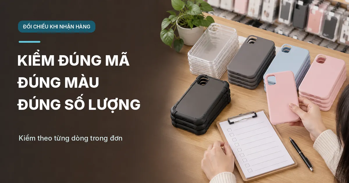 Bàn kiểm hàng ốp lưng với nhiều màu ốp và phiếu đối chiếu mã, màu, số lượng.