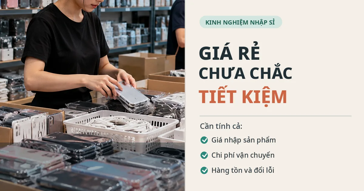 Bàn hàng có ốp lưng, cáp sạc và củ sạc kèm các yếu tố cần tính khi so sánh tổng chi phí nhập sỉ.
