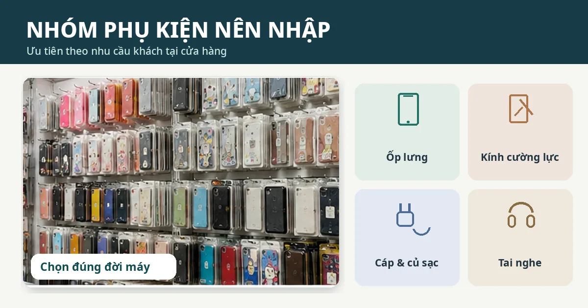 Kệ trưng bày nhiều mẫu ốp lưng điện thoại và bốn nhóm phụ kiện cần cân nhắc gồm ốp, kính, sạc và tai nghe.