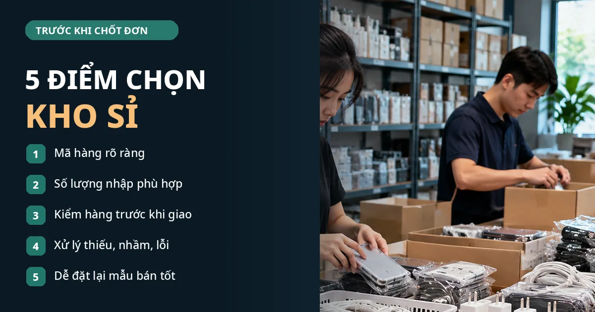 Nhân viên đang soạn thùng phụ kiện tại kho bên cạnh danh sách năm điểm kiểm tra nguồn sỉ trước khi nhập.