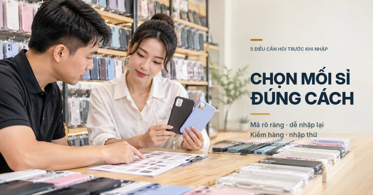 Hai người trao đổi và lựa chọn các mẫu ốp lưng trên bàn tại cửa hàng phụ kiện điện thoại.