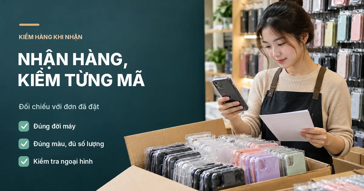Chủ cửa hàng kiểm từng ốp lưng trước thùng hàng mới nhận và đối chiếu danh sách đã đặt