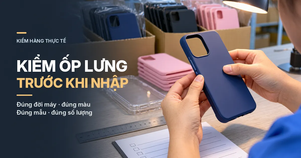 Người kiểm hàng cầm ốp lưng màu xanh đậm để quan sát viền, lỗ camera và đối chiếu phiếu kiểm.