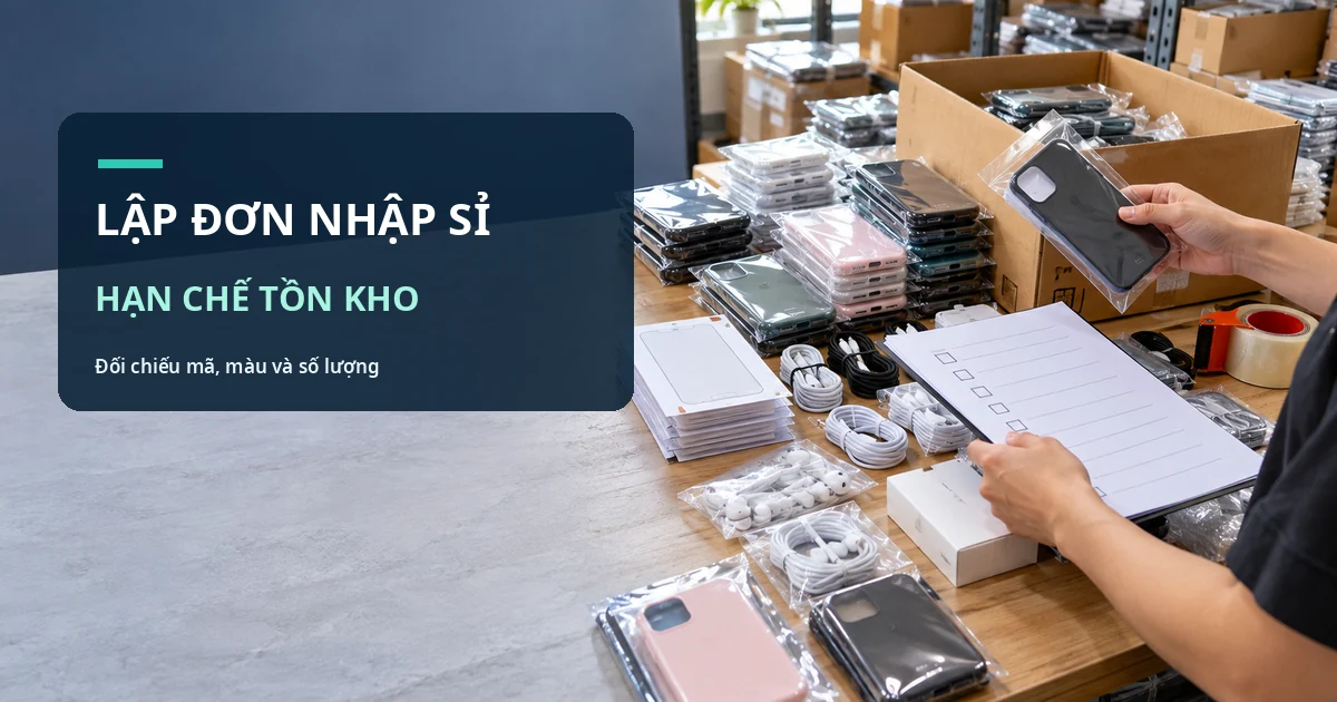 Nhân viên tại bàn đóng đơn phụ kiện điện thoại đối chiếu phiếu kiểm hàng, ốp lưng và số lượng trong thùng carton