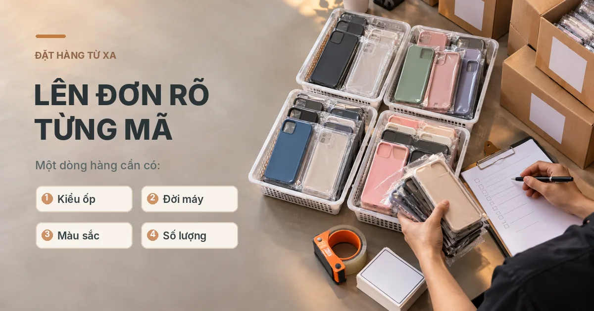 Bàn đóng đơn ốp lưng với các khay hàng phân loại và bảng danh sách kiểm mã, màu, số lượng