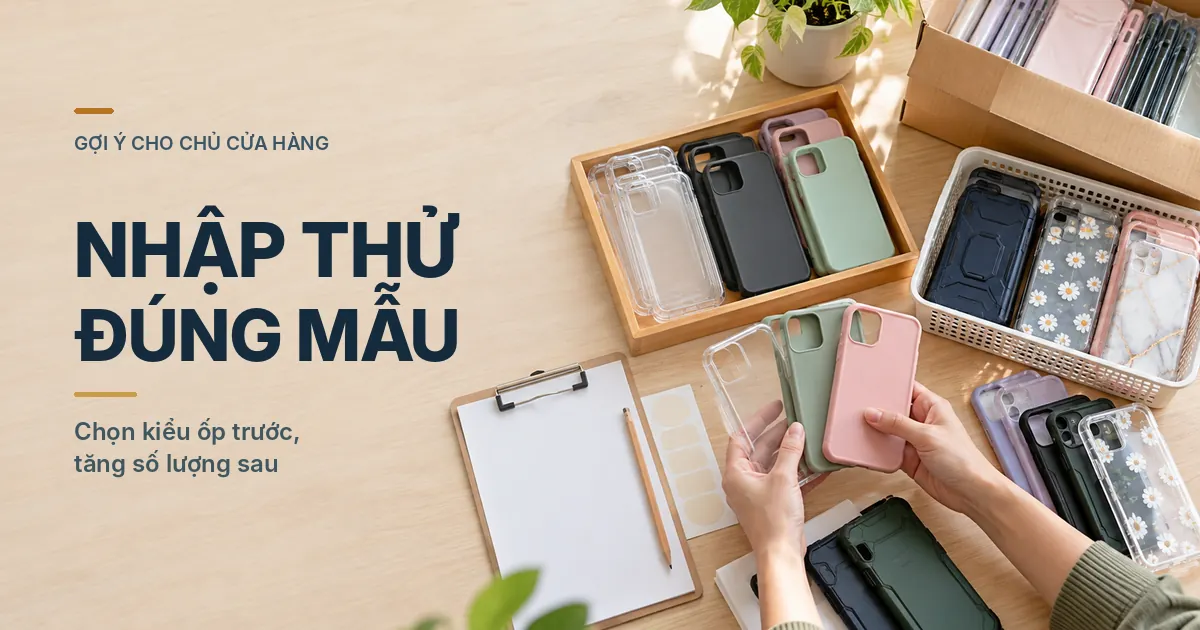 Bàn nhập thử với các loại ốp trong, ốp màu, ốp chống sốc và người bán đang so sánh mẫu.