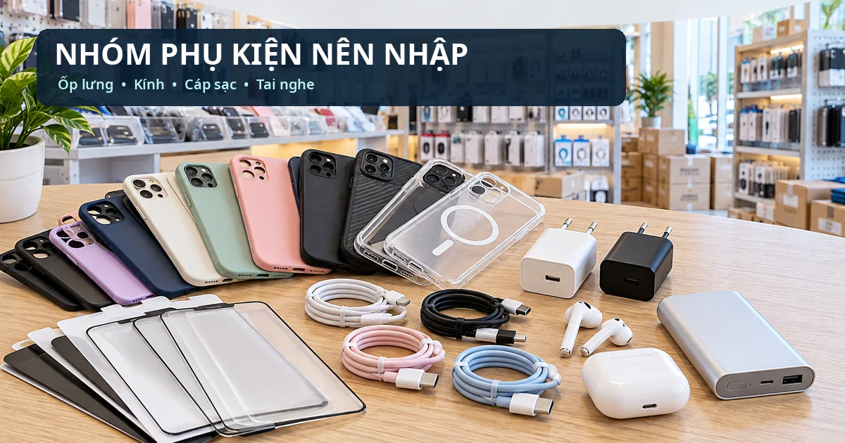 Bàn trưng bày các nhóm phụ kiện gồm ốp lưng, kính cường lực, cáp sạc, củ sạc, tai nghe và pin dự phòng.