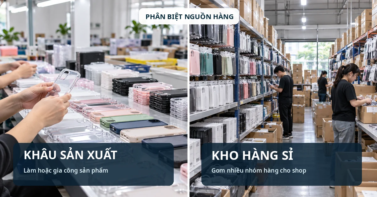 Hình so sánh khu kiểm tra ốp điện thoại trong sản xuất và kho sỉ tập hợp nhiều mẫu phụ kiện cho cửa hàng.