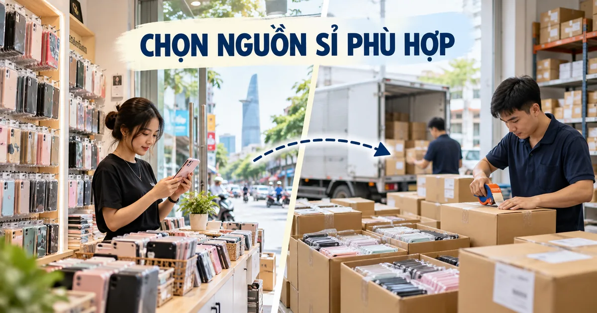 Cửa hàng trưng bày ốp lưng đặt cạnh cảnh nhân viên kho đóng thùng hàng phụ kiện gửi từ xa.