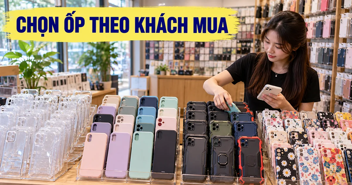 Chủ shop lựa các mẫu ốp trong suốt, màu trơn, chống sốc và họa tiết tại quầy phụ kiện điện thoại.