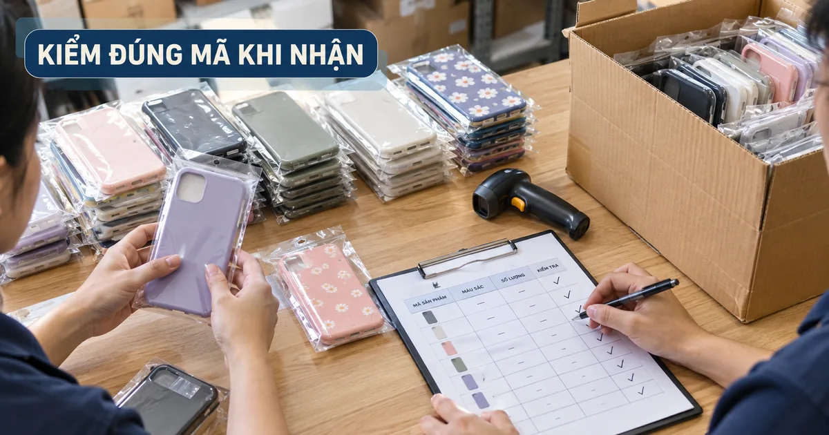 Nhân viên kiểm các túi ốp lưng nhiều màu theo danh sách mã hàng và số lượng trước khi xác nhận đơn.