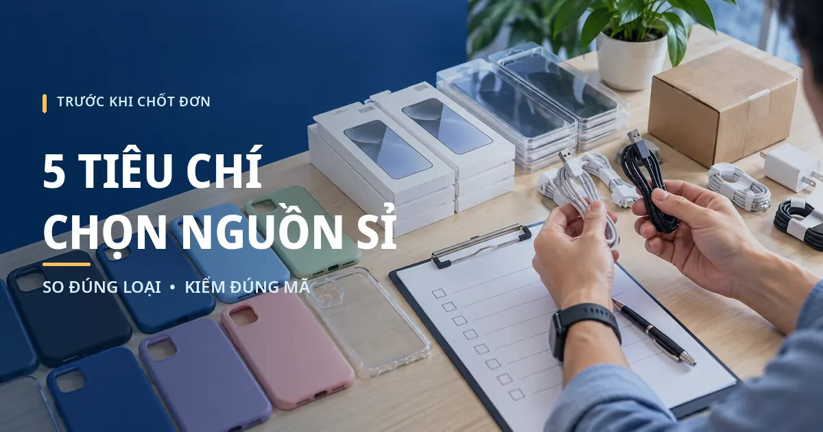 Người kiểm tra các loại cáp và ốp lưng bên bảng đối chiếu để chọn nguồn sỉ phụ kiện điện thoại phù hợp