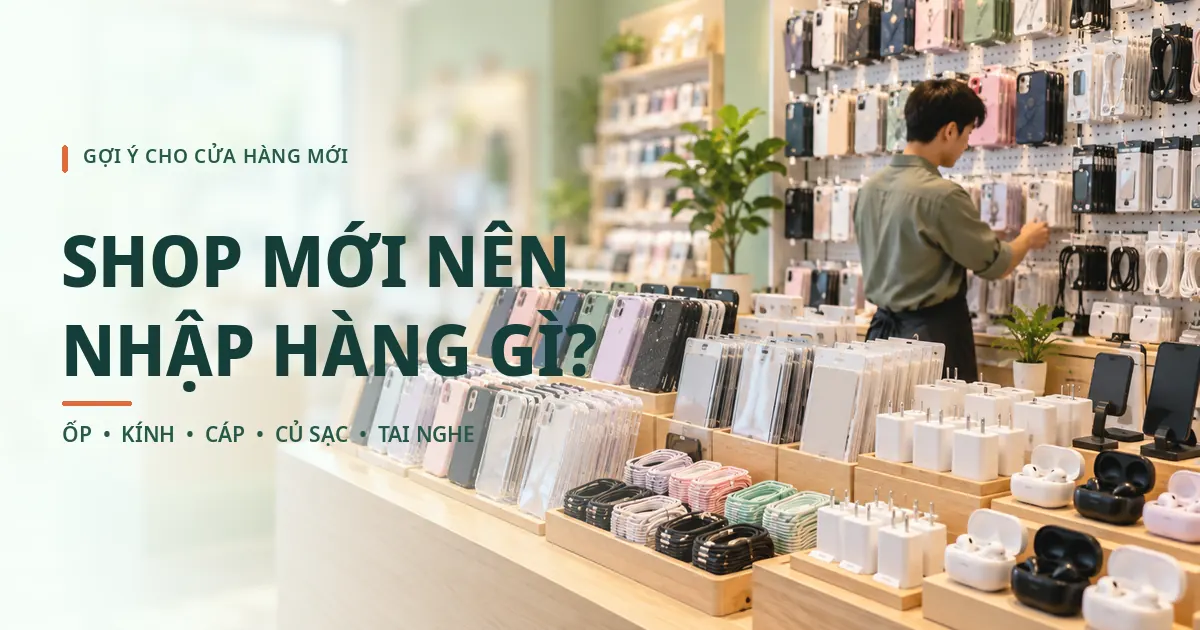 Cửa hàng phụ kiện điện thoại trưng bày ốp lưng, kính cường lực, cáp, củ sạc và tai nghe cho đơn nhập thử
