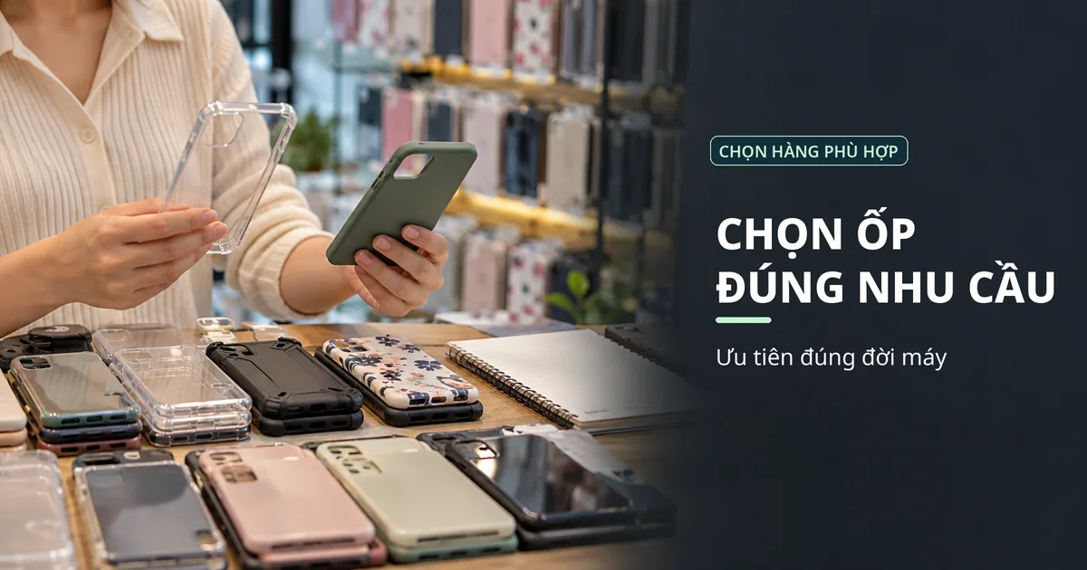 Người bán tại quầy đang so sánh ốp trong suốt và ốp màu xanh để chọn mẫu theo nhu cầu khách mua.