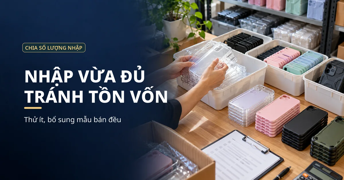 Nhân viên phân loại ốp lưng vào các khay hàng và đối chiếu phiếu nhập để kiểm soát số lượng tồn kho.