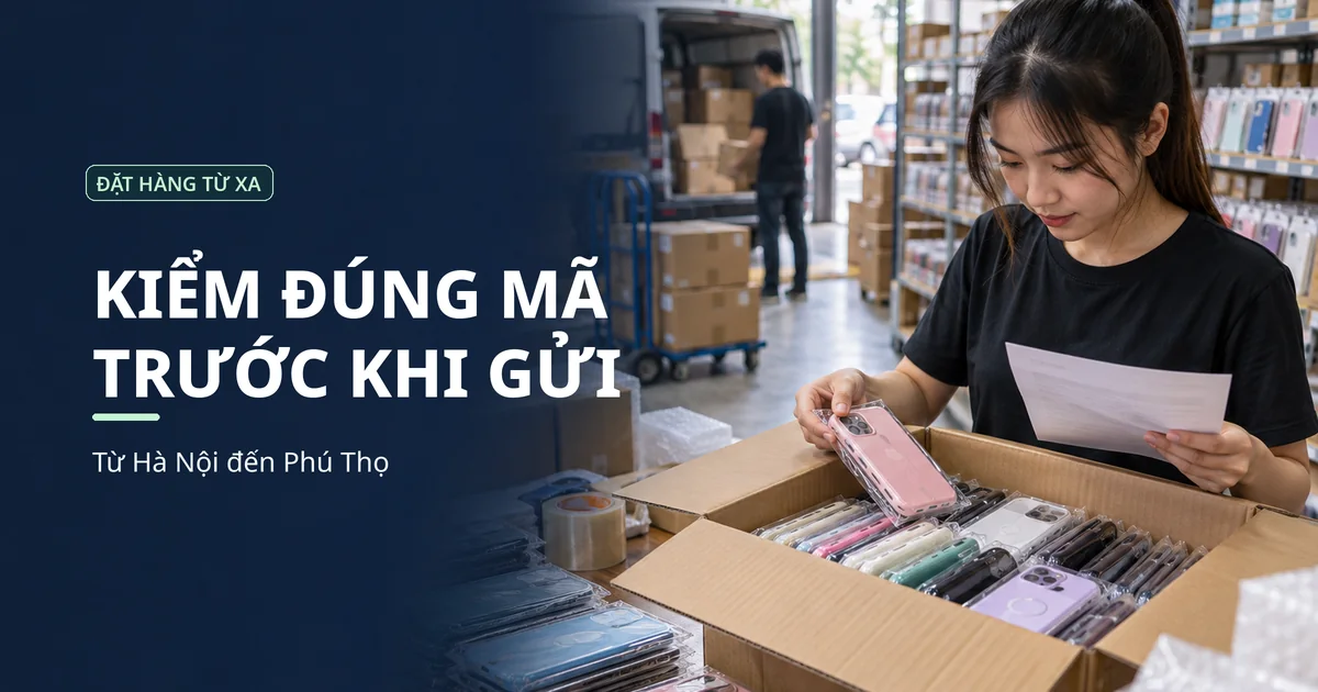 Nhân viên kho kiểm mã ốp lưng và phiếu soạn hàng trước khi đóng thùng giao đến cửa hàng ở tỉnh.