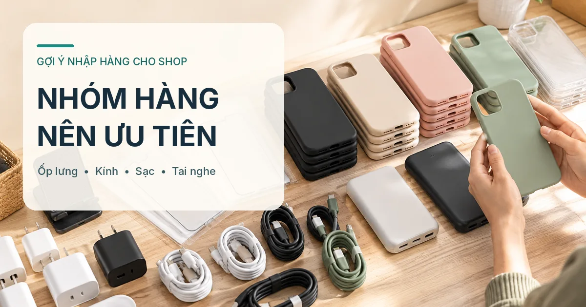 Bàn trưng bày các nhóm phụ kiện gồm ốp lưng, kính cường lực, cáp sạc, củ sạc và tai nghe.