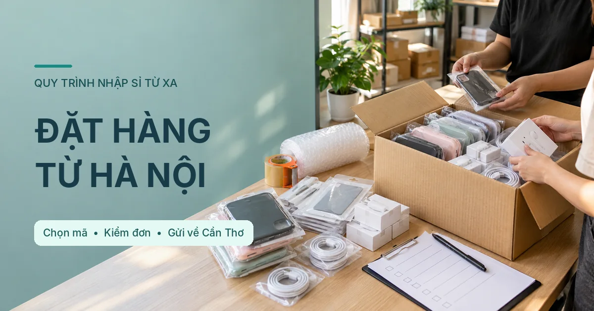 Bàn đóng gói một đơn hàng nhiều loại phụ kiện điện thoại để gửi từ kho Hà Nội đến Cần Thơ.