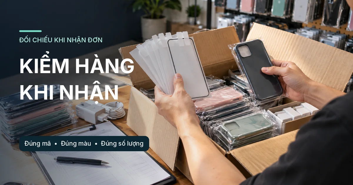Người kiểm hàng đối chiếu ốp lưng, kính cường lực và số lượng sản phẩm với phiếu danh sách.