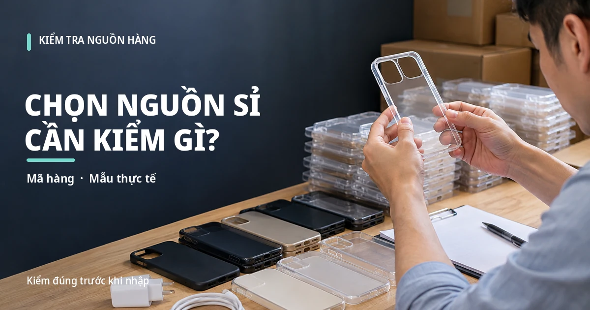 Sỉ Phụ Kiện Điện Thoại Thủ Đức – Nguồn Hàng Cho Cửa Hàng Sỉ phụ kiện điện thoại Thủ Đức: Người kiểm mẫu ốp lưng trong suốt và đối chiếu các phụ kiện trên bàn trước khi nhập sỉ