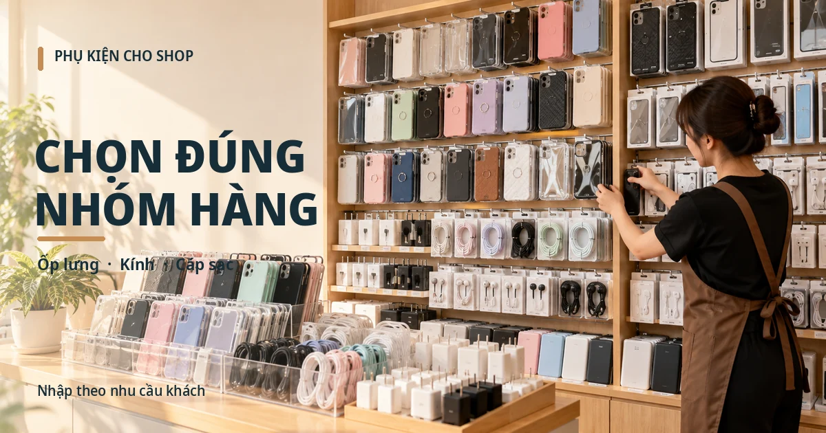 Sỉ Phụ Kiện Điện Thoại Thủ Đức – Nguồn Hàng Cho Cửa Hàng Quầy trưng bày nhiều mẫu ốp lưng, cáp sạc, tai nghe và củ sạc trong cửa hàng phụ kiện điện thoại.