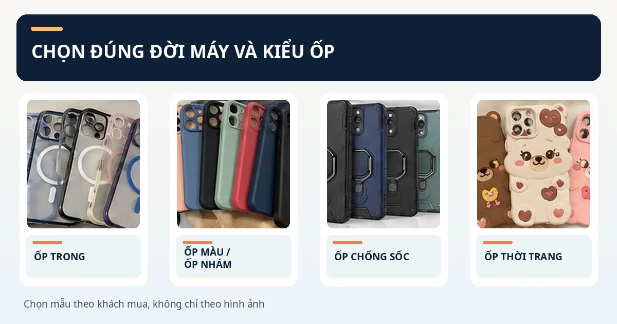 Kinh Nghiệm Nhập Ốp Lưng Điện Thoại Giá Sỉ Cho Cửa Hàng Bốn nhóm ốp lưng minh họa gồm ốp trong, ốp màu nhám, ốp chống sốc và ốp thời trang
