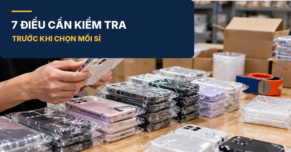 Người kiểm tra một chiếc ốp lưng trong suốt cạnh các chồng ốp được phân loại tại bàn hàng.
