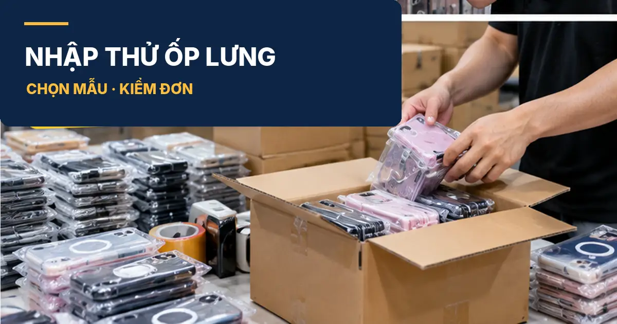 Bàn đóng đơn ốp lưng điện thoại nhiều màu, nhân viên đang xếp sản phẩm vào thùng giấy để gửi đi.
