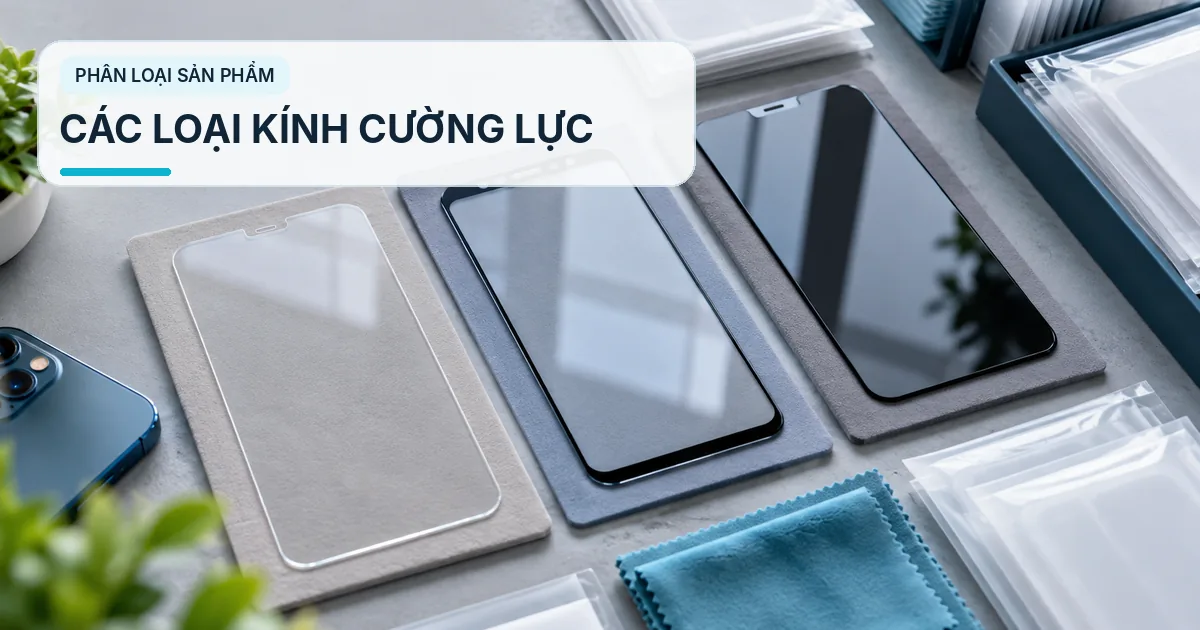 Bán Buôn Kính Cường Lực Điện Thoại – Cách Chọn Hàng Cho Shop Minh họa ba kiểu kính cường lực điện thoại đặt cạnh nhau trên bàn, gồm kính trong, kính viền đen và kính tối màu