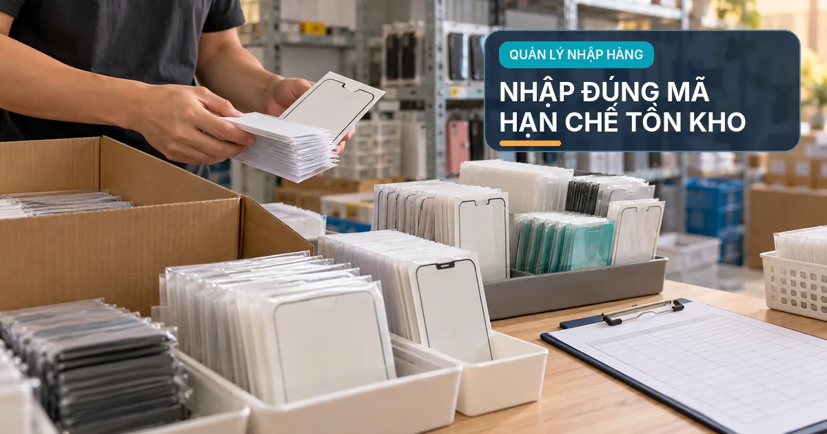 Bán Buôn Kính Cường Lực Điện Thoại – Cách Chọn Hàng Cho Shop Nhân viên kiểm đếm những chồng kính cường lực đóng gói cạnh hộp carton, khay phân loại và bảng theo dõi.