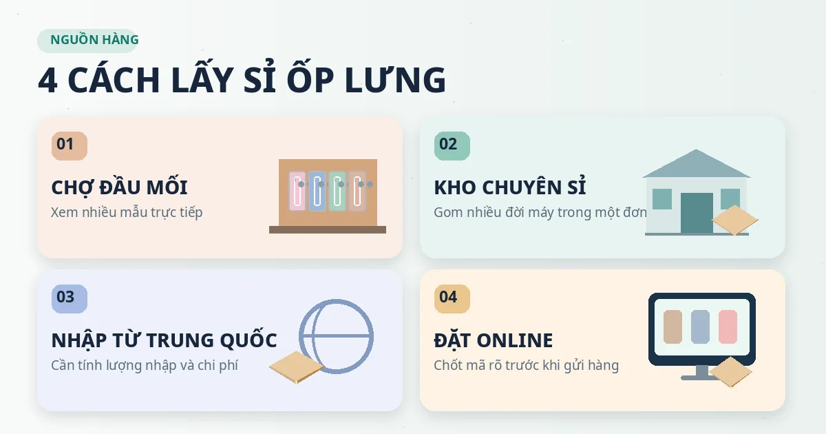 Đồ họa bốn nguồn lấy sỉ ốp lưng: chợ đầu mối, kho chuyên sỉ, nhập từ xưởng và đặt hàng online.