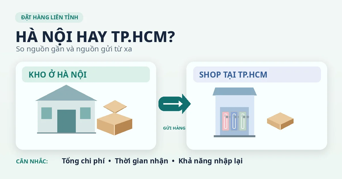 Sơ đồ minh họa kho sỉ ốp lưng tại Hà Nội gửi hàng cho cửa hàng tại TP.HCM, với các yếu tố chi phí và nhập lại.