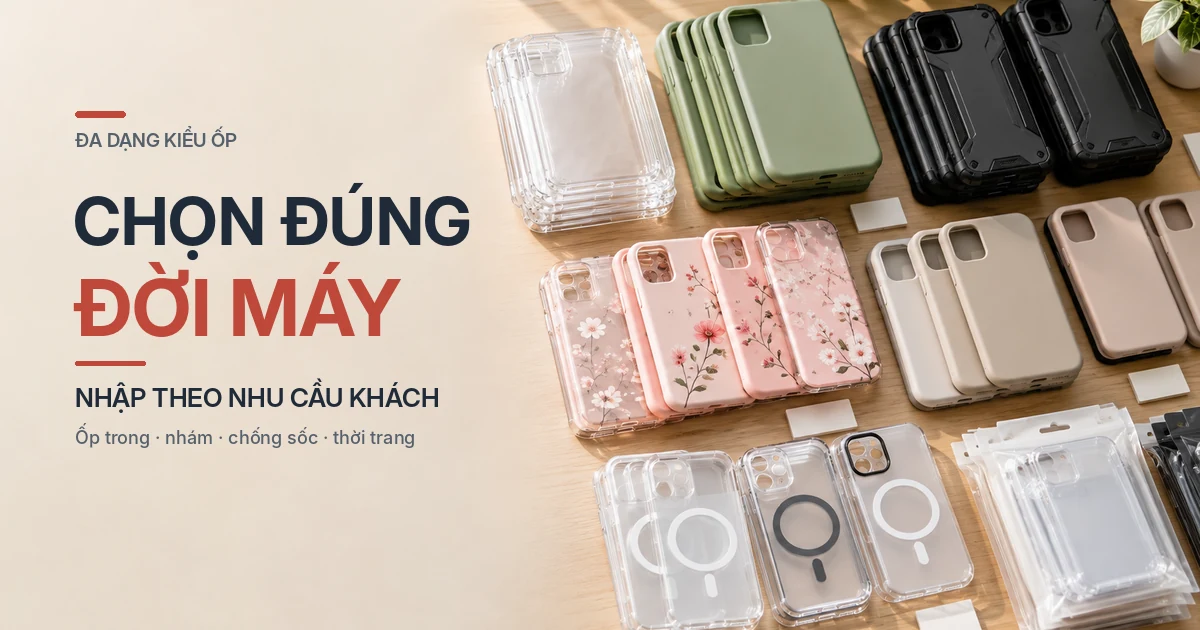 Nhiều kiểu ốp lưng trong suốt, màu trơn, chống sốc và họa tiết được xếp riêng trên bàn để chọn theo nhu cầu.