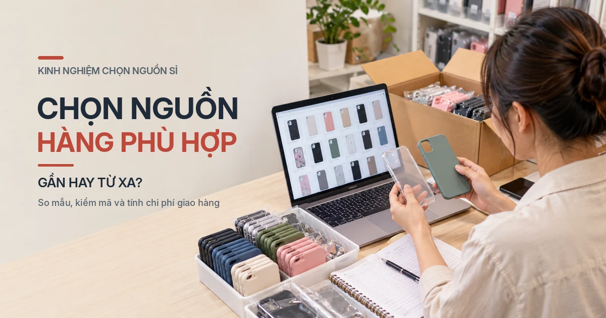 Người bán so sánh hai mẫu ốp điện thoại trước màn hình danh mục sản phẩm, cạnh bàn nhập hàng và thùng hàng.