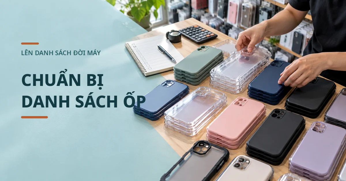 Ốp lưng giá sỉ chợ Kim Biên nơi cung cấp uy tín Bàn làm việc với sổ danh sách, máy tính và nhiều chồng ốp lưng các màu được người bán phân loại trước khi nhập sỉ.