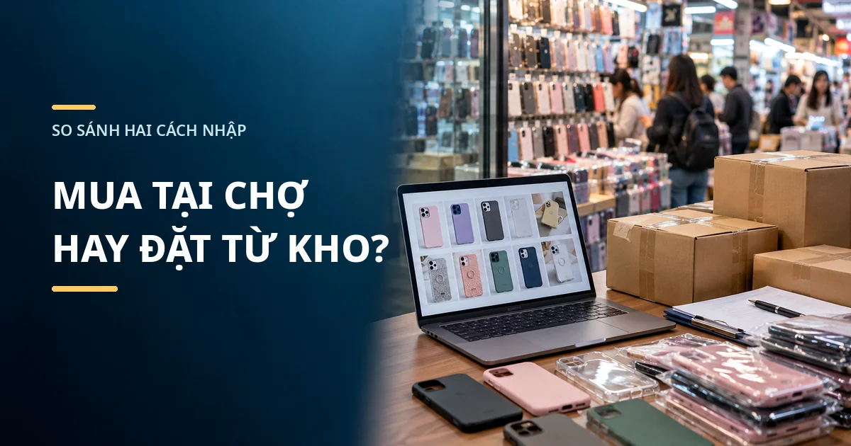 Ốp lưng giá sỉ chợ Kim Biên nơi cung cấp uy tín Laptop hiển thị danh sách ốp lưng bên cạnh thùng đóng hàng tại bàn làm việc, phía sau là quầy phụ kiện đông người, minh họa hai cách lấy sỉ.