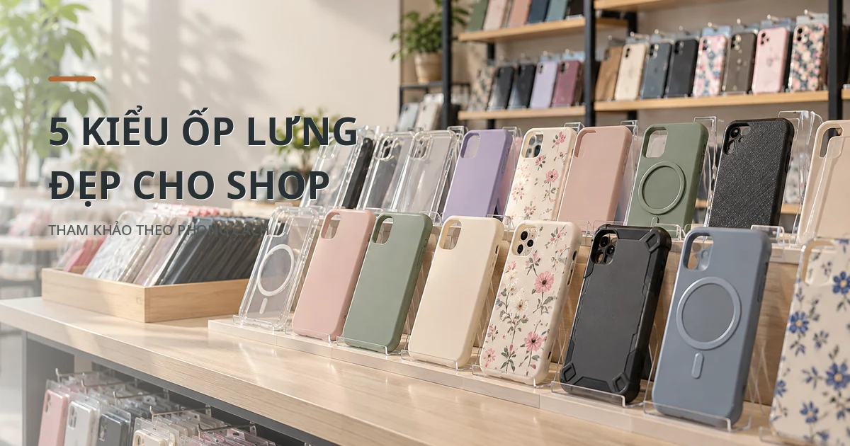 Quầy trưng bày các kiểu ốp lưng điện thoại trong suốt, màu pastel, họa tiết, chống sốc và kiểu vòng tròn trang trí.