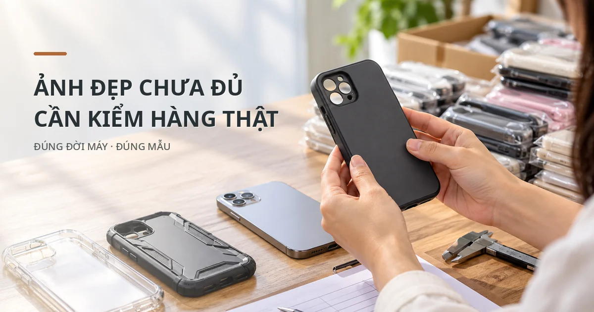 Người kiểm tra ốp lưng điện thoại màu đen tại bàn với điện thoại mẫu, các loại ốp khác và dụng cụ đối chiếu.