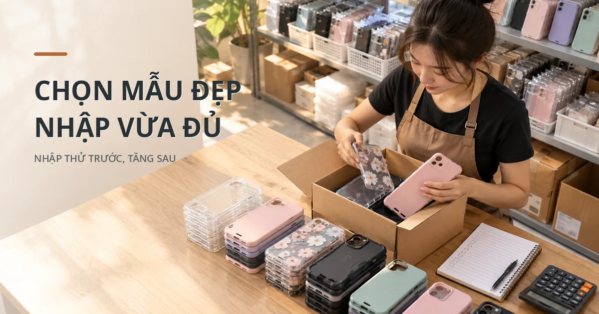 Nhân viên đóng đơn và phân loại nhiều mẫu ốp lưng theo màu sắc tại bàn kho phụ kiện điện thoại.