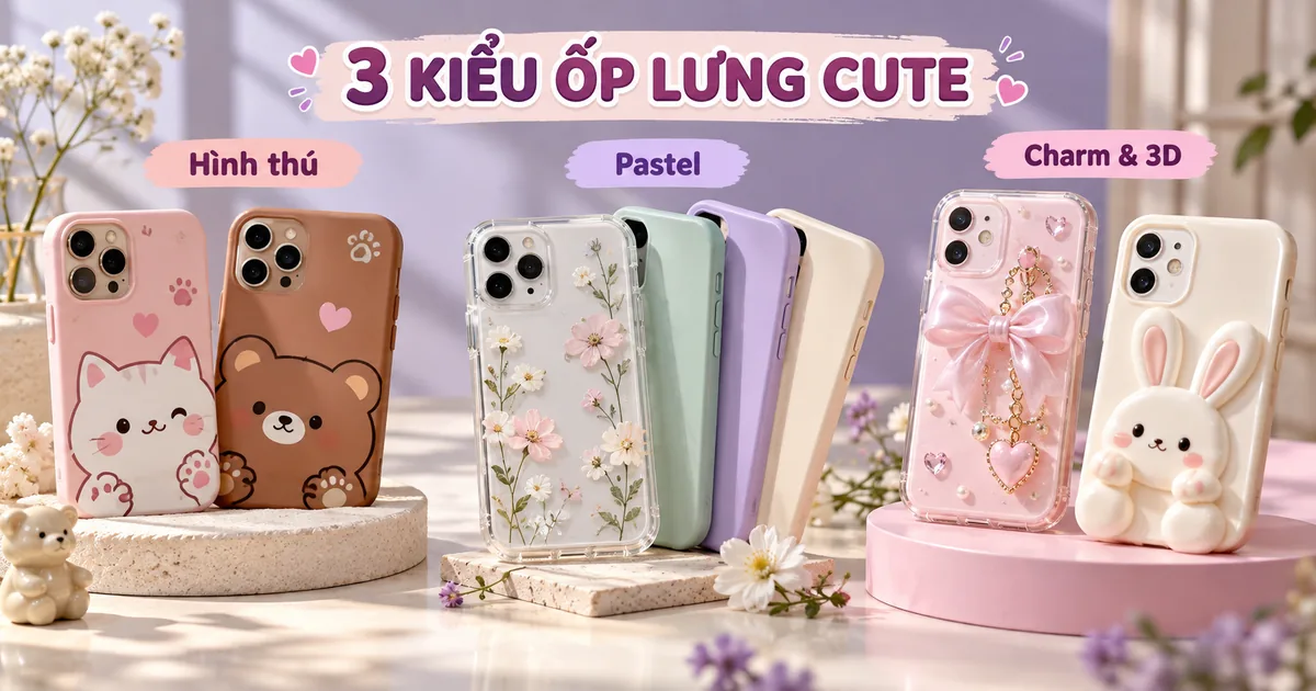 Ba nhóm ốp lưng cute trưng bày gồm ốp hình thú, ốp màu pastel và ốp gắn charm nổi 3D.