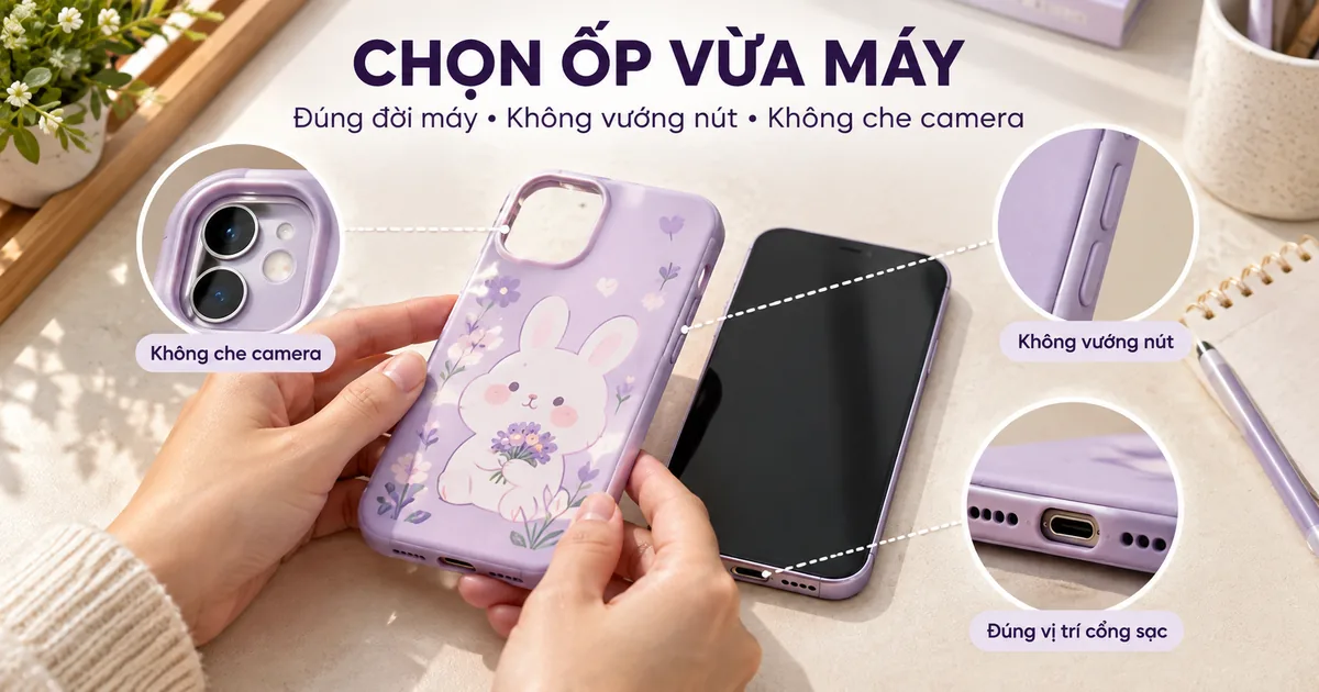 Đôi tay cầm ốp hình thỏ tím cạnh điện thoại với các vị trí camera, nút bấm và cổng sạc được minh họa.