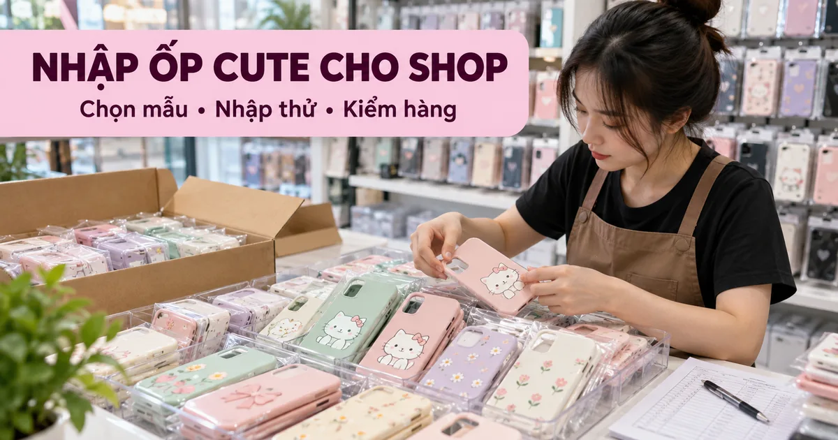 Người bán tại quầy phụ kiện kiểm các mẫu ốp lưng cute màu pastel trong khay hàng cạnh thùng nhập và sổ kiểm hàng.