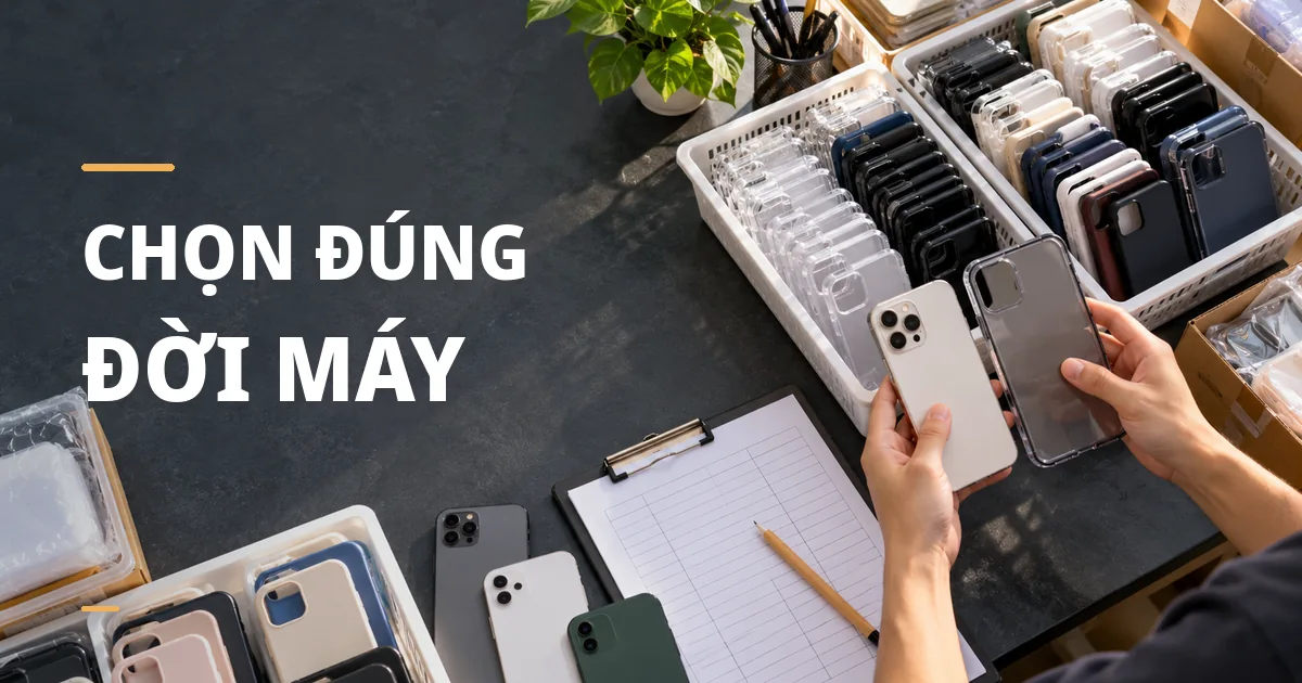 Bàn chọn hàng với nhiều loại ốp lưng phân theo đời máy và người kiểm tra độ phù hợp của ốp.