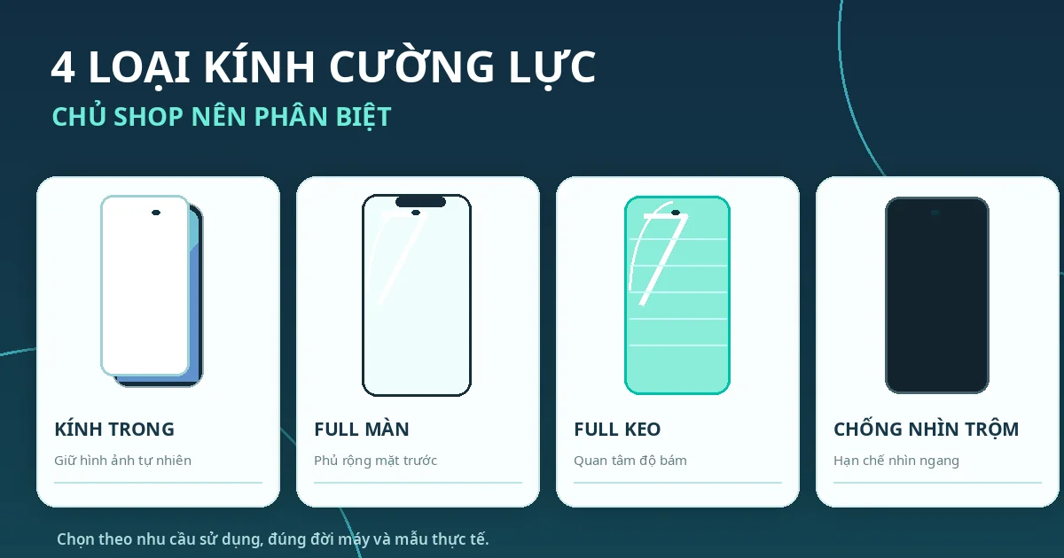 Bảng Giá Kính Cường Lực Giá Sỉ – Cách Chọn Hàng Cho Shop Minh họa so sánh bốn nhóm kính cường lực điện thoại là kính trong, full màn, full keo và chống nhìn trộm.