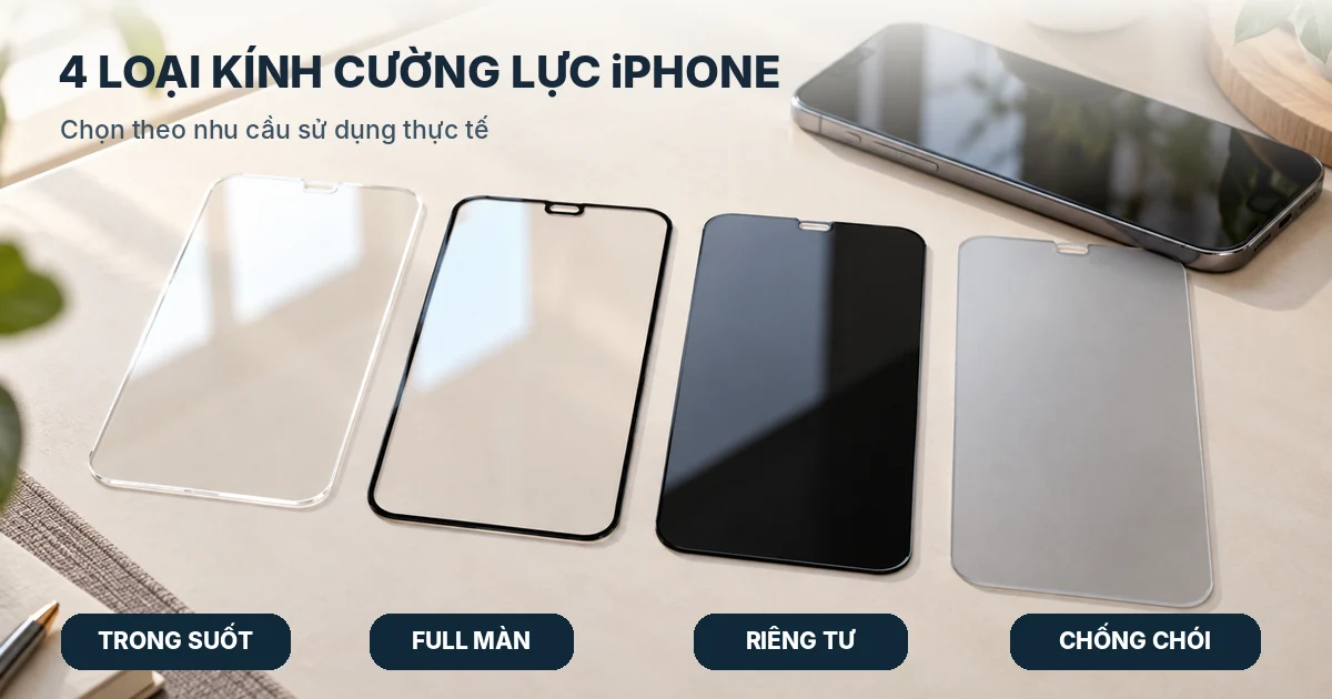 Bốn kiểu kính bảo vệ màn hình đặt cạnh nhau gồm trong suốt, full màn viền đen, chống nhìn trộm và kính nhám.