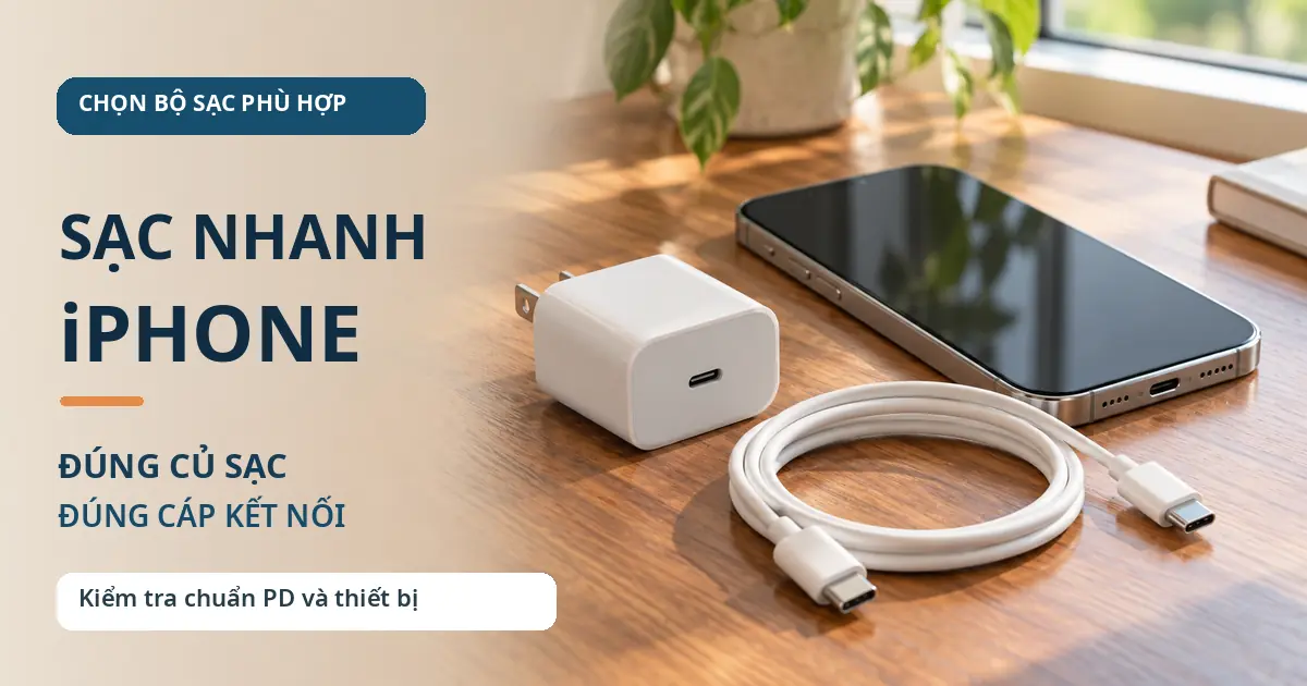 Củ sạc USB-C và dây USB-C đặt trên bàn cạnh điện thoại minh họa lựa chọn bộ sạc tương thích.