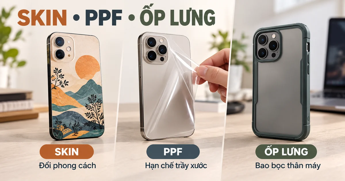 Ba điện thoại minh họa skin họa tiết trang trí, miếng dán PPF trong suốt và ốp lưng bảo vệ cạnh máy.