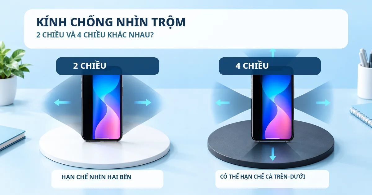 Kính cường lực chống nhìn trộm: Hai điện thoại minh họa kính chống nhìn trộm 2 chiều giới hạn hai bên và loại 4 chiều có thể hạn chế thêm