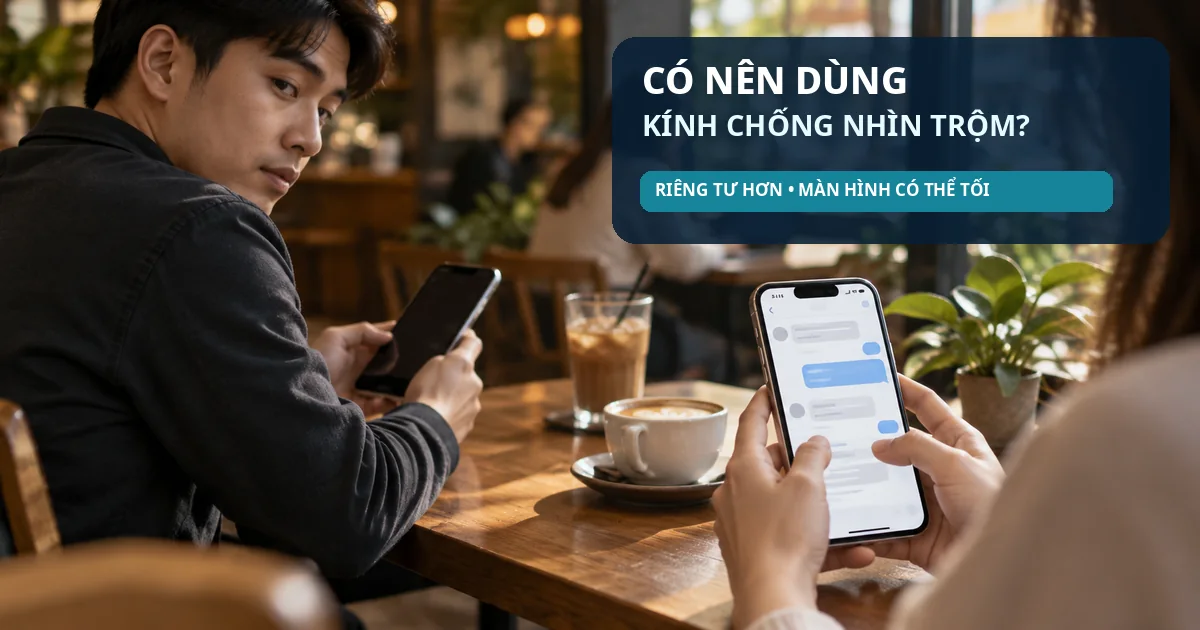 Người dùng điện thoại tại quán cà phê đông người, minh họa nhu cầu giữ riêng tư khi sử dụng kính chống nhìn trộm.